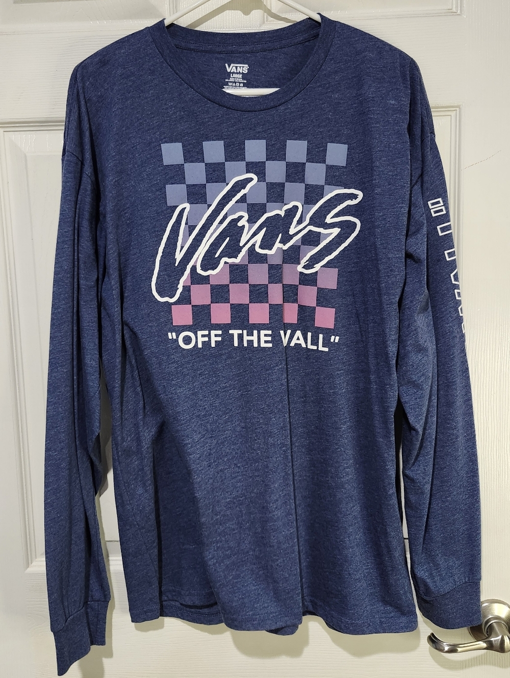 Vans Men's Blue Long Sleeve Tee with Logo and Checkerboard Size Large
